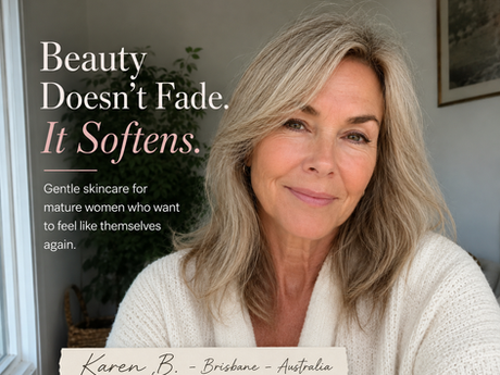 Mature woman with natural glowing skin representing gentle skincare for mature women and beauty at every age by Soul Sisters Online.