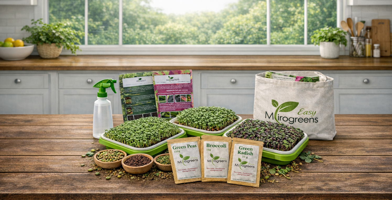 growing trays with microgreen packets, instruction leaflets, spraycan on a wooden table in a light coloured kitchen
