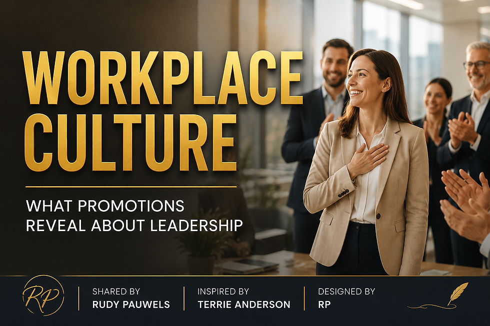 A workplace culture leadership visual showing a professional promotion moment, created for an article inspired by Terrie Anderson about how promotion decisions reveal organisational values, trust and leadership behaviour.