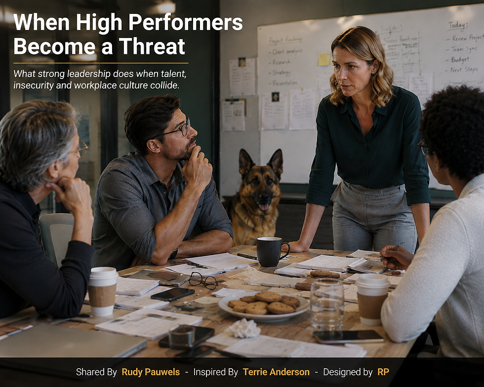 A professional workplace scene representing high performers, leadership insecurity, employee performance, team trust and the importance of protecting a healthy workplace culture. Social sharing title