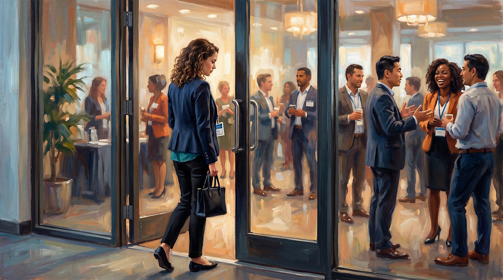 A person at the entrance of a networking event, caught in a moment of hesitation. Impressionistic style, warm lobby lighting, diverse professionals in soft focus behind them.