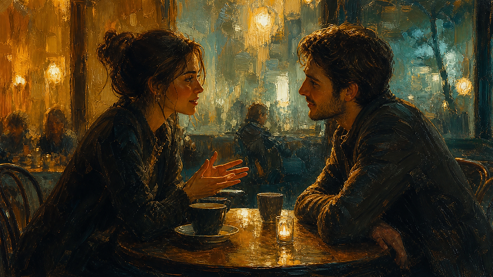 Two people at a cafe table in warm amber light, one speaking and one truly listening, painterly style