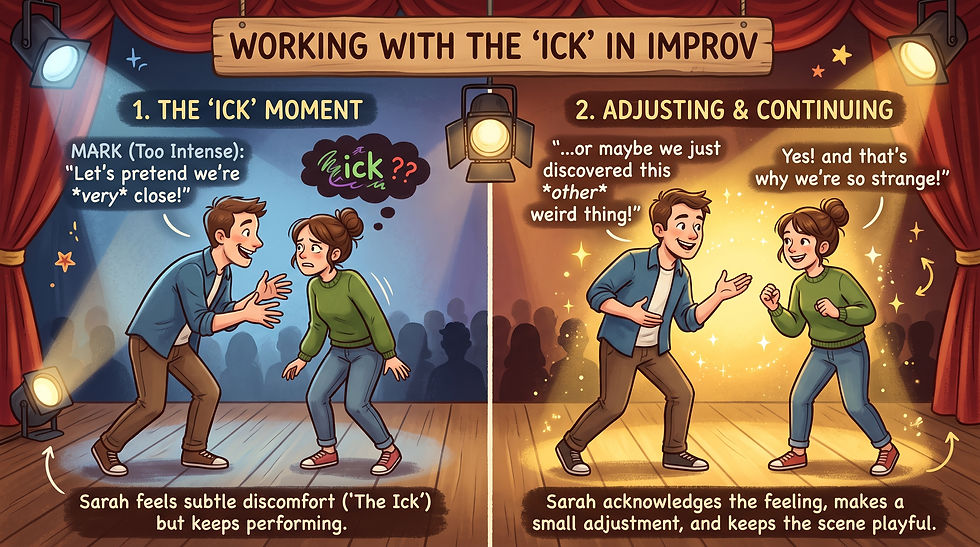Split scene: left shows improvisers in a tense moment with ick feeling, right shows them adjusting and continuing the scene