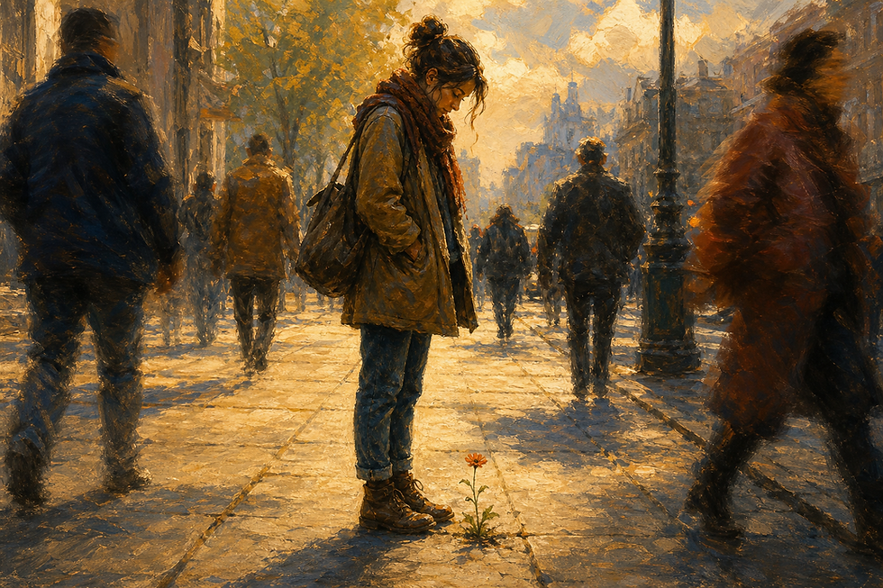 A small flower growing through a crack in a city sidewalk, surrounded by blurred passersby, a moment of grounded presence