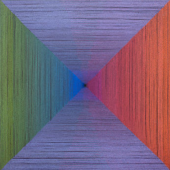 A square abstract painting of primarily 3 colors.