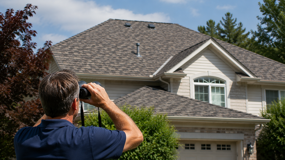 Gray shingled house roof with vents in a suburban neighborhood of brick homes and trees under a bright sky