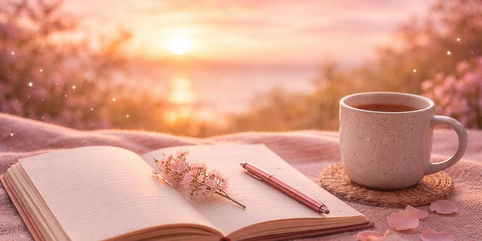 A pink sunlit water scene with a notebook and cup of tea