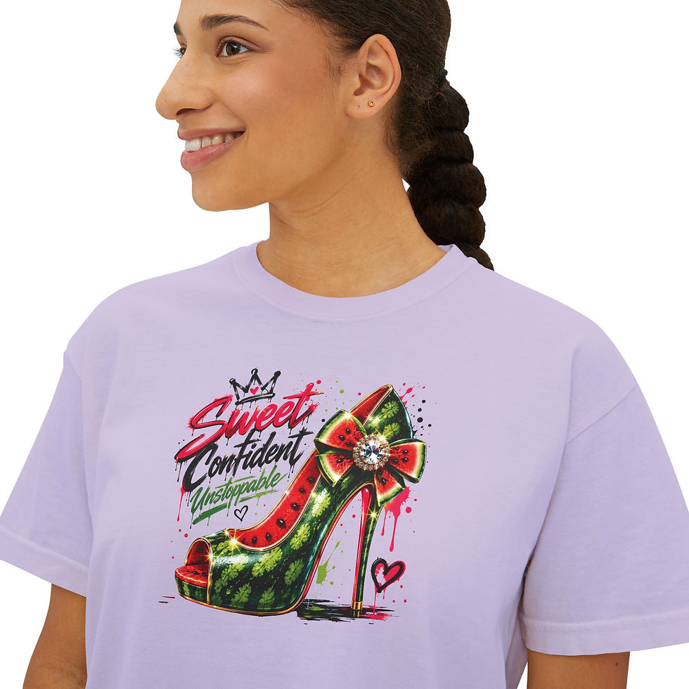 Thumbnail: Women's Boxy Tee  "Sweet & Confident" High Heel Graphic Tee