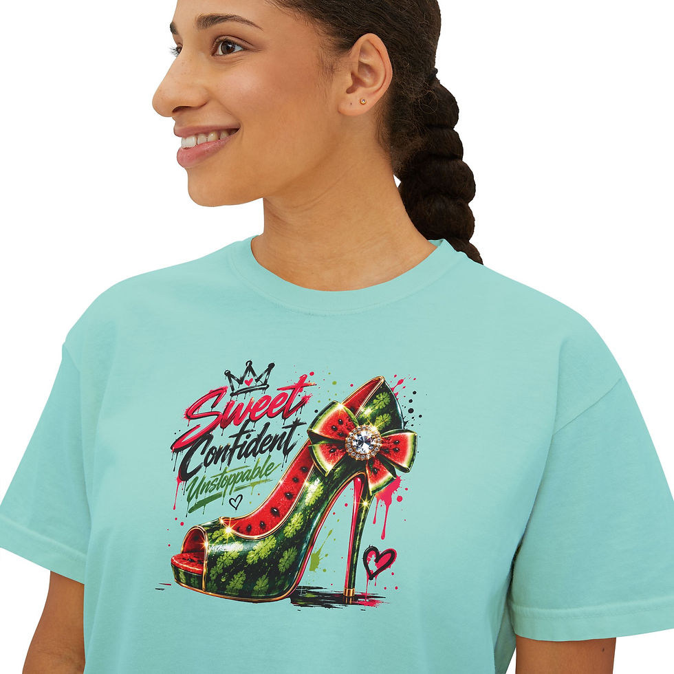 Thumbnail: Women's Boxy Tee  "Sweet & Confident" High Heel Graphic Tee