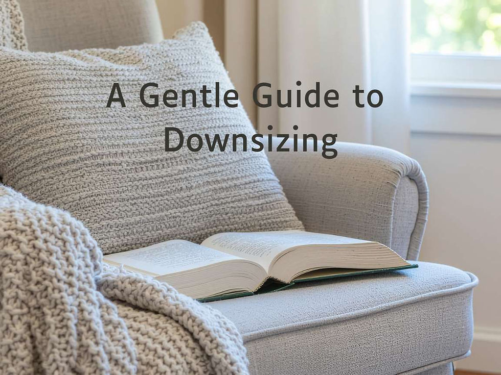 Cozy armchair with a knit pillow, open book, and blanket beside a window. Text reads "A Gentle Guide to Downsizing." Calm setting.
