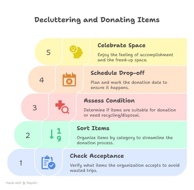 Flowchart titled "Decluttering and Donating Items" with five steps: Check, Sort, Assess, Schedule, Celebrate. Colorful and organized.