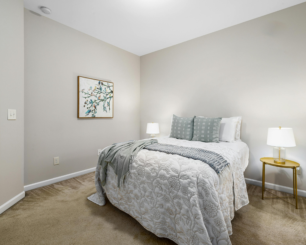 Neat welcoming bedroom with a neatly made bed, bird artwork, bedside lamps, and a calm, airy feel
