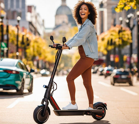 A beautiful woman enjoying a ride onher electric scooters on a beautiful day in the city_e