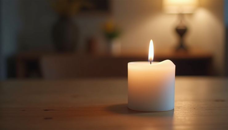 Eye-level view of a white candle burning on a wooden table with soft light