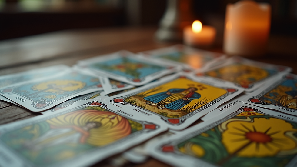 Close-up view of a tarot deck spread on a wooden table