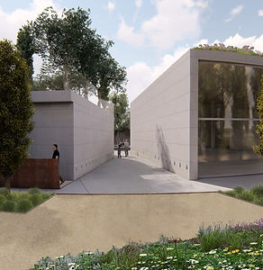 Design rendering of the Arborvitae project in Corsico: a memorial landscape with a cinerary house integrated into the park, combining architecture, vegetation and public space.