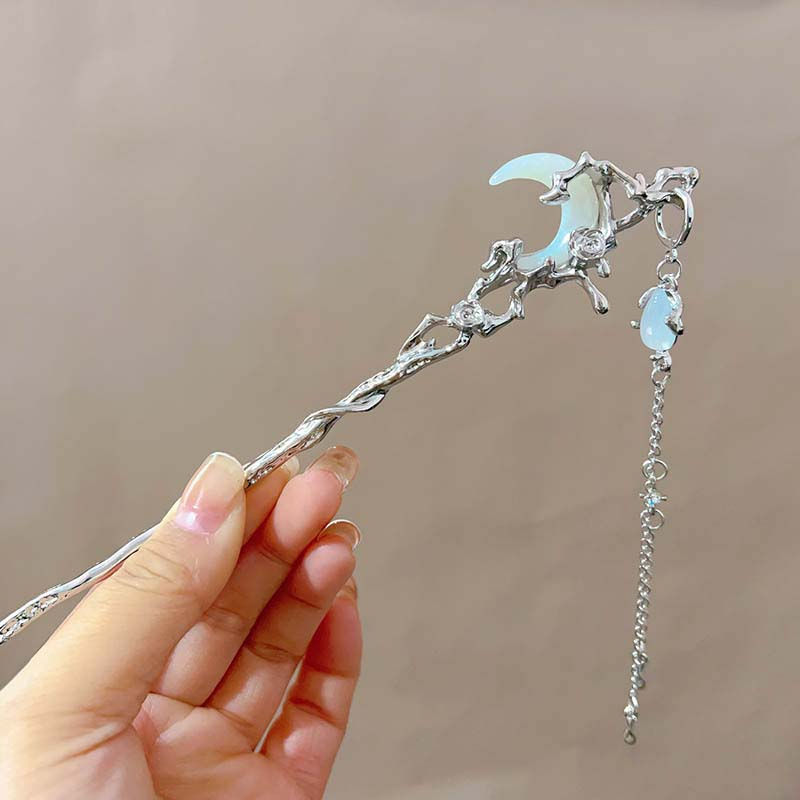 Thumbnail: Black Crystal Moon Tassel Hair Stick