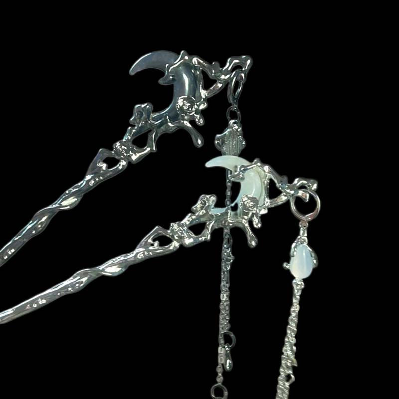 Thumbnail: Black Crystal Moon Tassel Hair Stick
