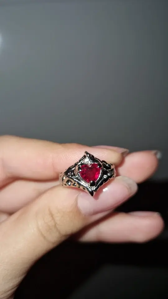 Thumbnail: Gothic Red Crystal Heart Cross Ring Set