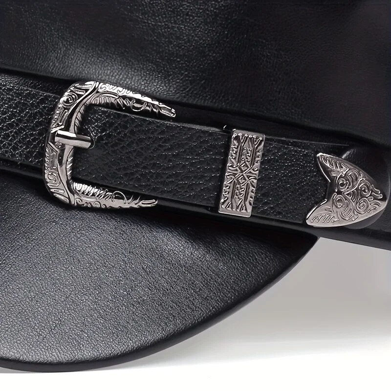 Thumbnail: Black Faux Leather Sailor Hat with Belt Buckle