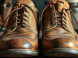 Well worn pair of mens shoes.