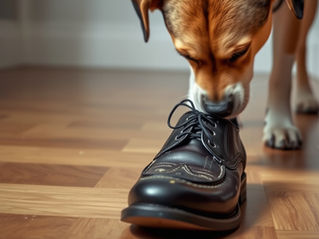A dog sniffing a smelly shoe.