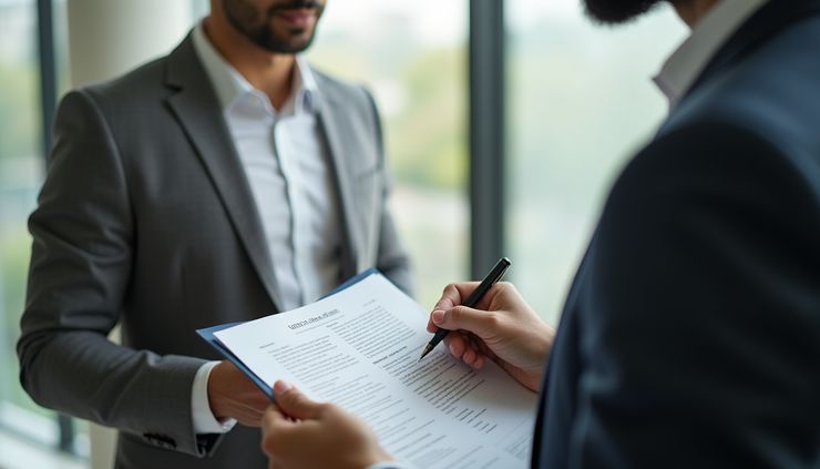 Close-up view of a property manager showing lease documents to a tenant in Bangalore