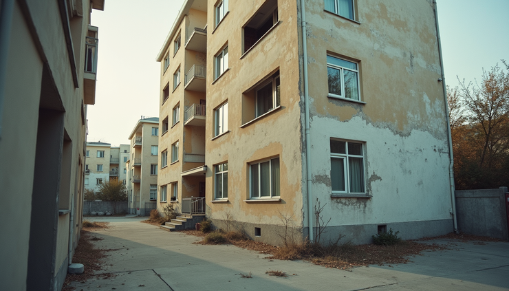 Eye-level view of a residential building with visible wear and tear on the exterior walls