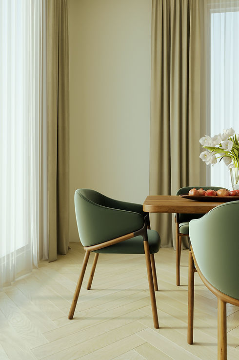 3D rendering of a dining roo table with chairs and a vasse of flowers, creating an inviting dinding atmosphere