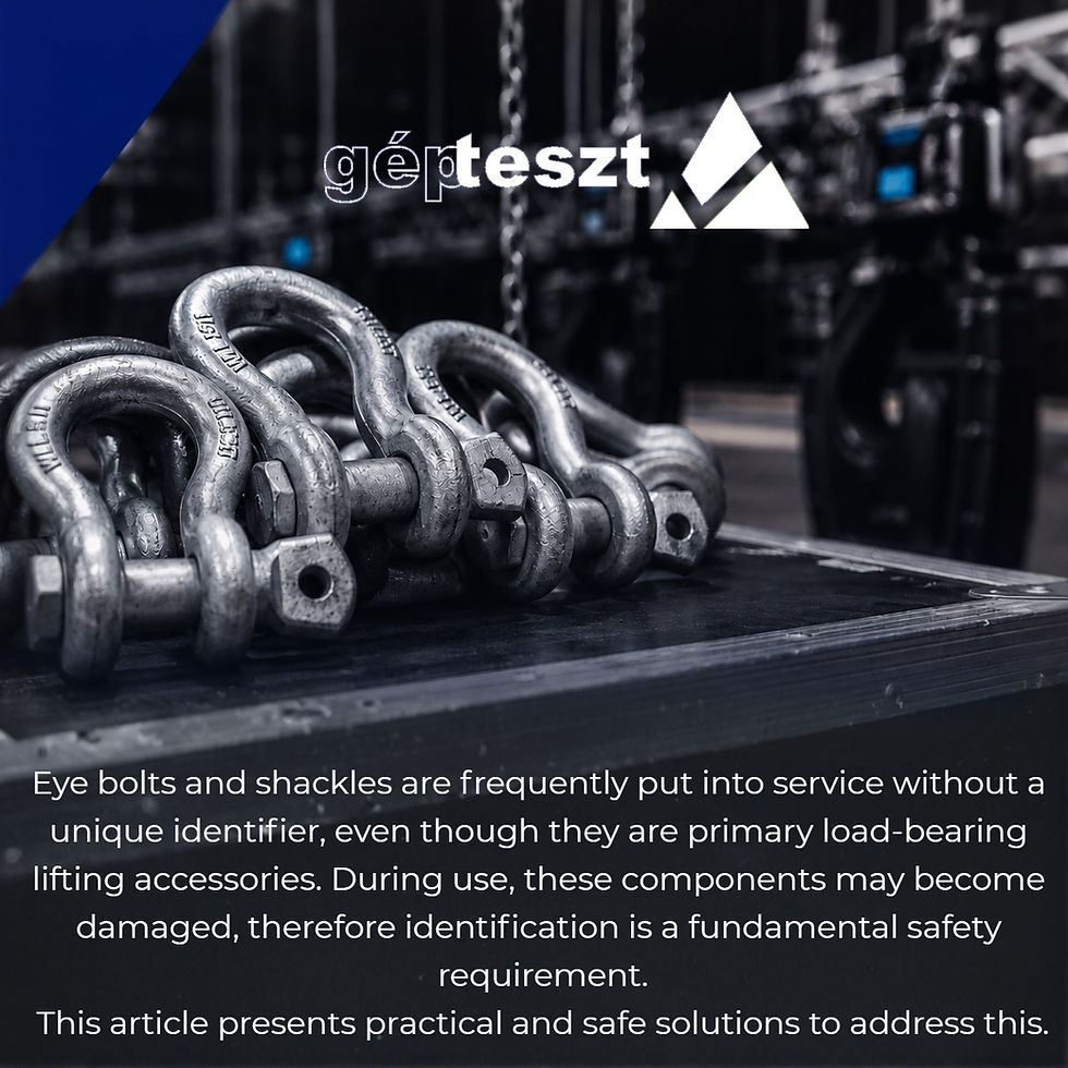 Laser-engraved identification marking on eye bolts and shackles – ensuring traceability of load-bearing lifting accessories and the logo of GÉPTESZT Kft.