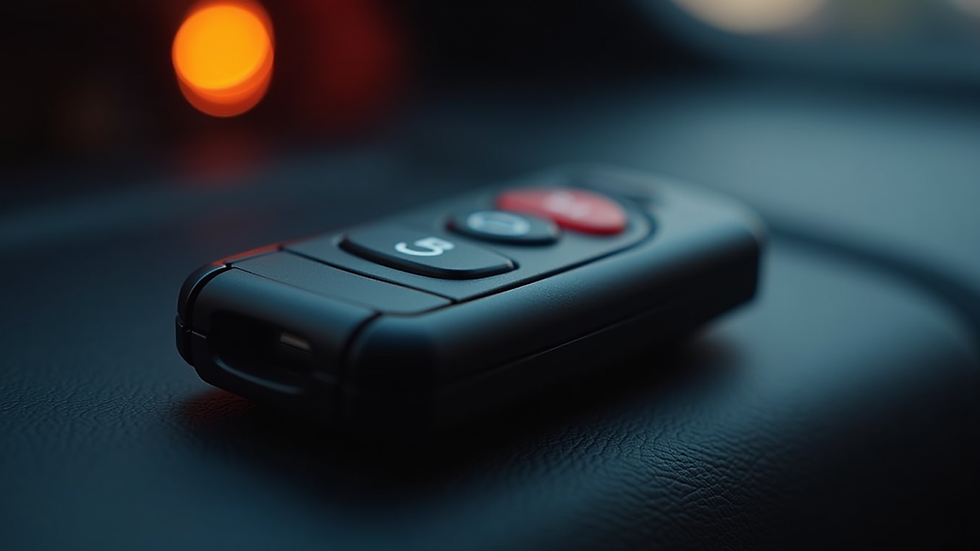 Close-up view of a car alarm remote with buttons and LED indicators