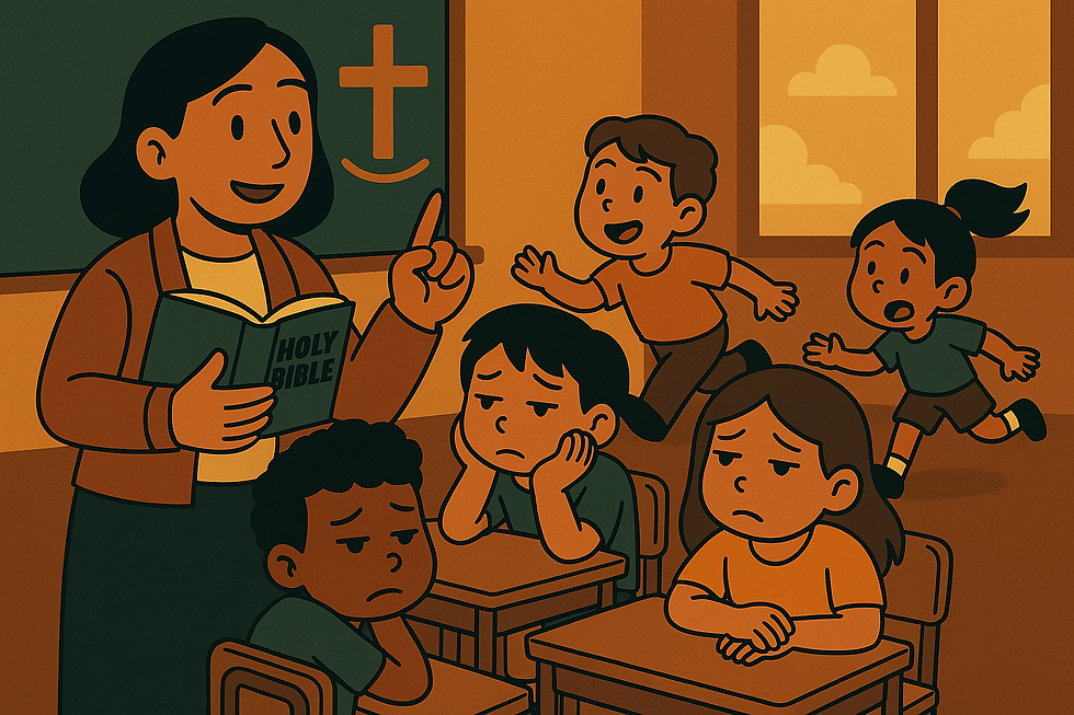 Children in Sunday school distracted during Bible teaching, with a few running around