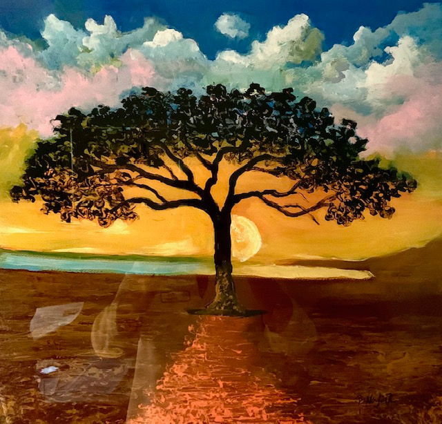 painted picture of a tree with the sunset in the background and clouds floating overhead with a lake.