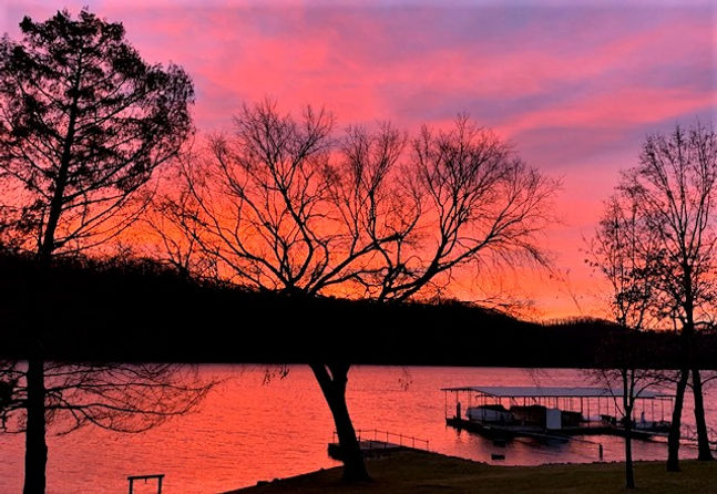 Image of the sunset over the lake with trees in the foreground and boat docks. Red and orange undertones