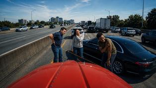 Dashcam view captures a individuals presenting as if they are injured after an accident with a commercial vehicle on a New York highway, illustrating staged-crash insurance fraud.