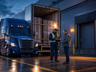 Motor carrier and warehouse worker document refused freight beside a blue semi-truck at a loading dock under an on-hand freight agreement.