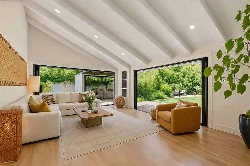 Modern interior design featuring large black-framed folding glass doors and expansive windows by EZ FOLD A DOOR, showcasing a seamless indoor-outdoor living concept in a luxury property.