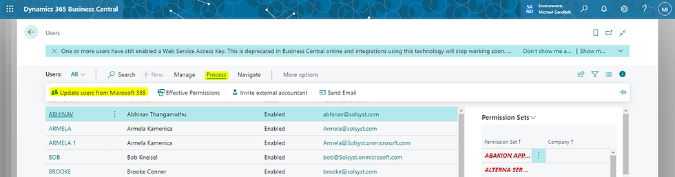 Business Central Update users from Microsoft 365