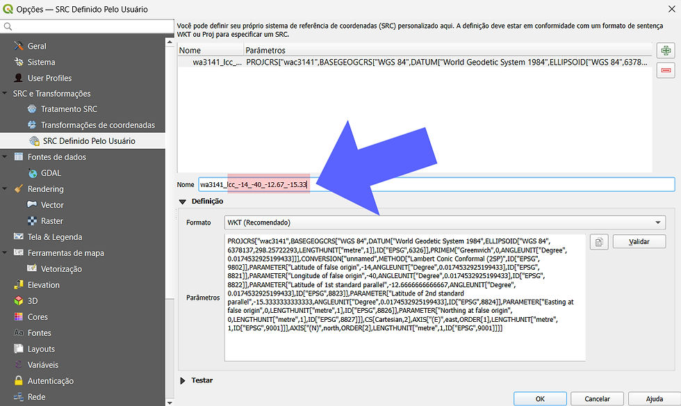Projeção LCC criada. Adicione os parâmetros no nome da projeção para identificar rapidamente qual utilizar numa próxima ocasião.