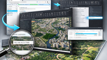 Uma composição digital mostrando o fluxo de integração entre um servidor local e um ambiente de mapeamento técnico. No centro, uma tela exibe uma imagem aérea detalhada de área urbana com rio e edificações, representando a base cartográfica carregada. Ao redor, aparecem interfaces de software com painéis e janelas técnicas, conectadas por setas que indicam o processo de comunicação entre sistemas. Em destaque, há um elemento ampliado simulando a identificação de um endereço de rede local, sugerindo a conexão com um servidor. O conjunto transmite a ideia de integração entre dados geoespaciais e ferramentas profissionais de análise.