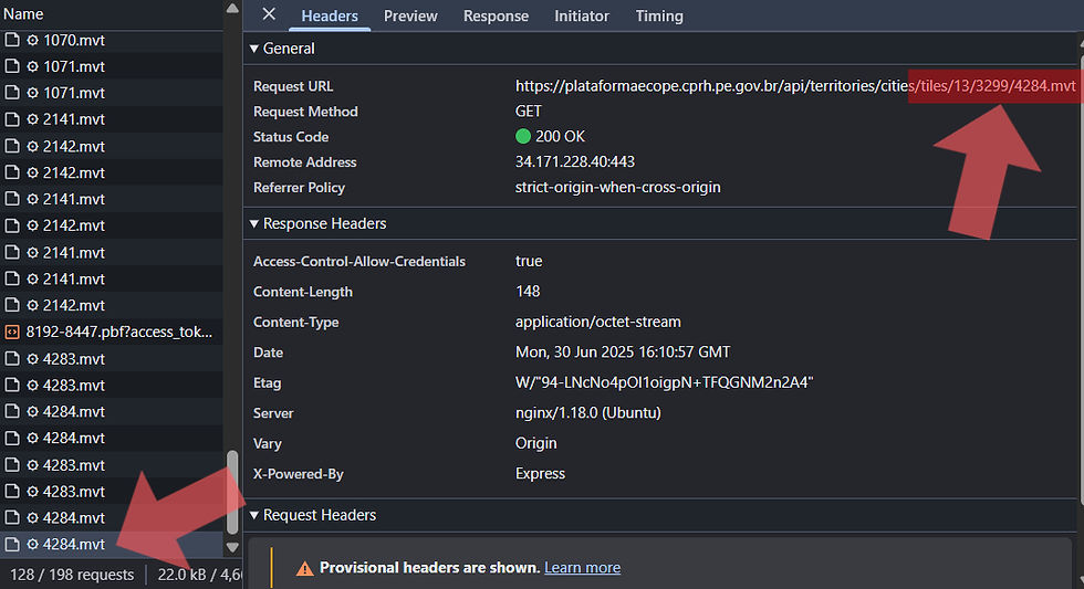 Padrão .../tiles/z/x/y.mvt da URL requisitada.