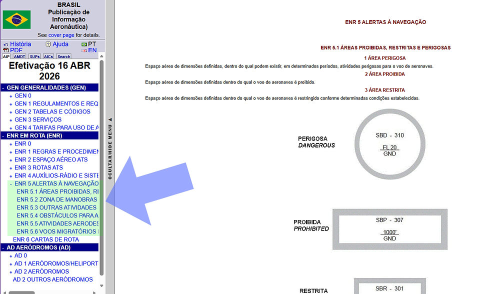 Interface do eAIP exibindo a seção ENR 5 com menu de navegação lateral e conteúdo técnico estruturado, incentivando a exploração das subseções para consulta detalhada das informações aeronáuticas.