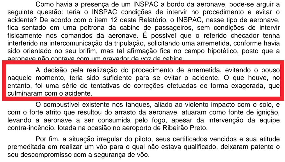 Trecho do relatório destacando que a decisão de arremeter teria sido suficiente para evitar o acidente, evitando correções exageradas.