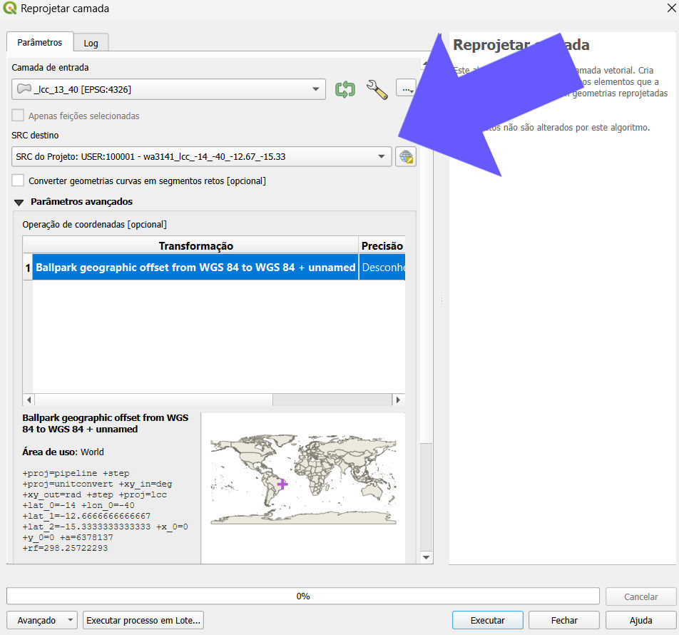 Tela de Reprojeção de Camada Vetorial no QGIS.