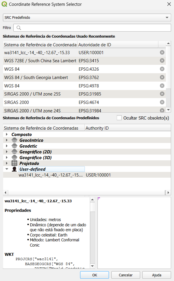 Tela de escolha da projeção de destino.