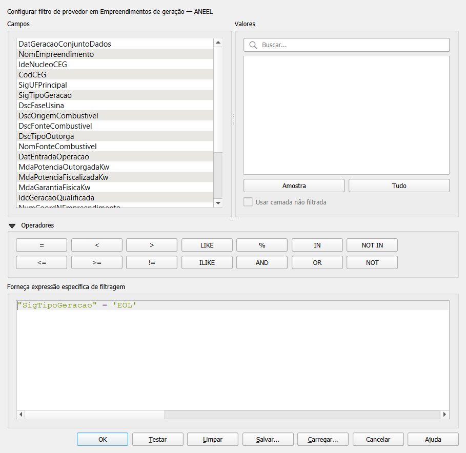 Aplicação do filtro pelo campo SigTipoGeracao no QGIS.