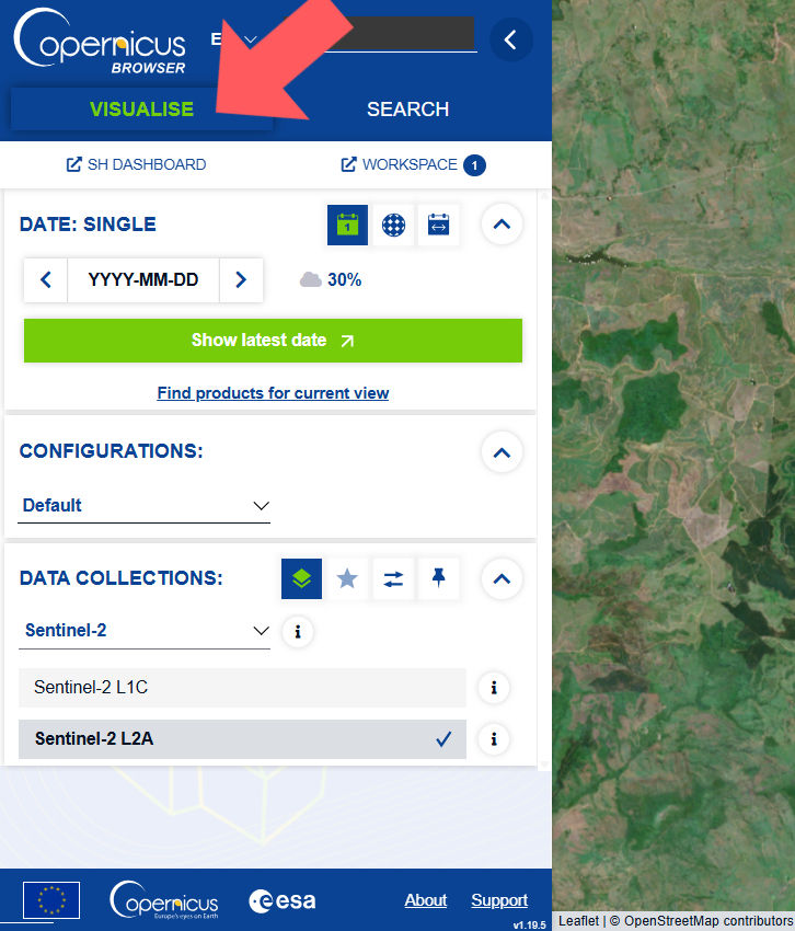 Data, Configurações e Coleções do Copernicus Browser.