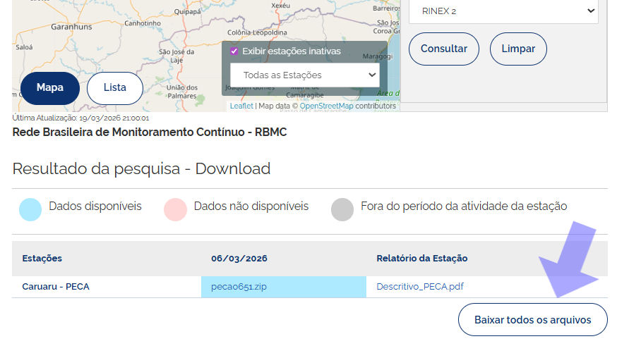 Faça do download de todos os arquivos da estação da RBMC.