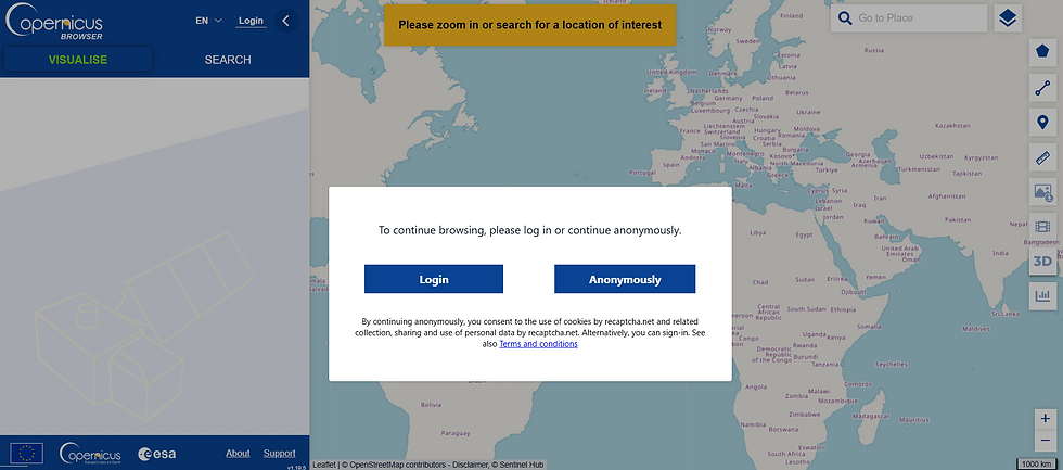 Tela inicial do Copernicus Browser.