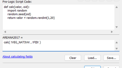 Aqui, os valores do campo AREANA2017 são calculados somando-se um número aleatório aos valores existentes no campo VEG_NATIVA.
